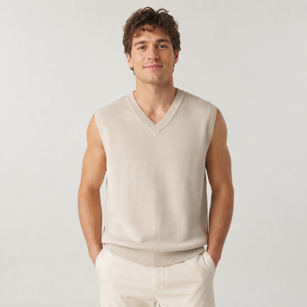 Zara Old Money Preppy Mens Knit Sweater Vest V-Neck Sleeveless Cream Beige Clean - Picture 2 of 9